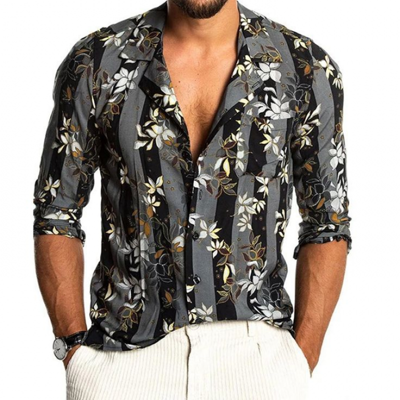 Men's Fashion Casual Slim Fit Vintage Printed Chiffon Long Sleeve Shirt 19228789K