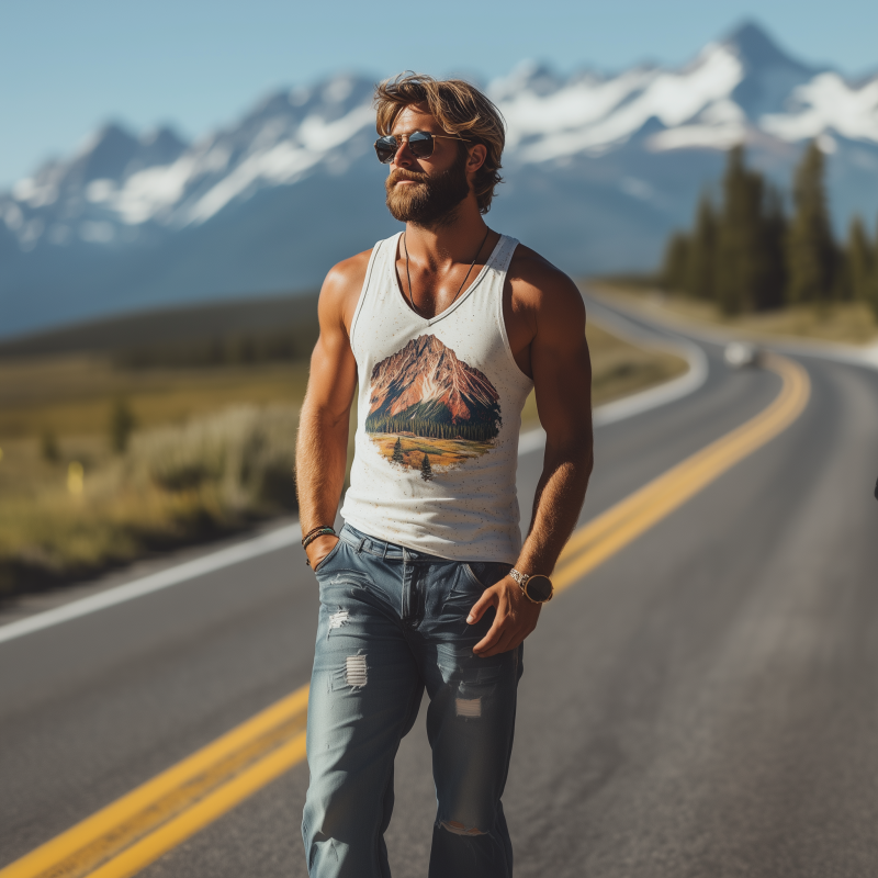 Men's American Retro Yellowstone Park Series Printed V-Neck Cotton Tank Top 19193488K