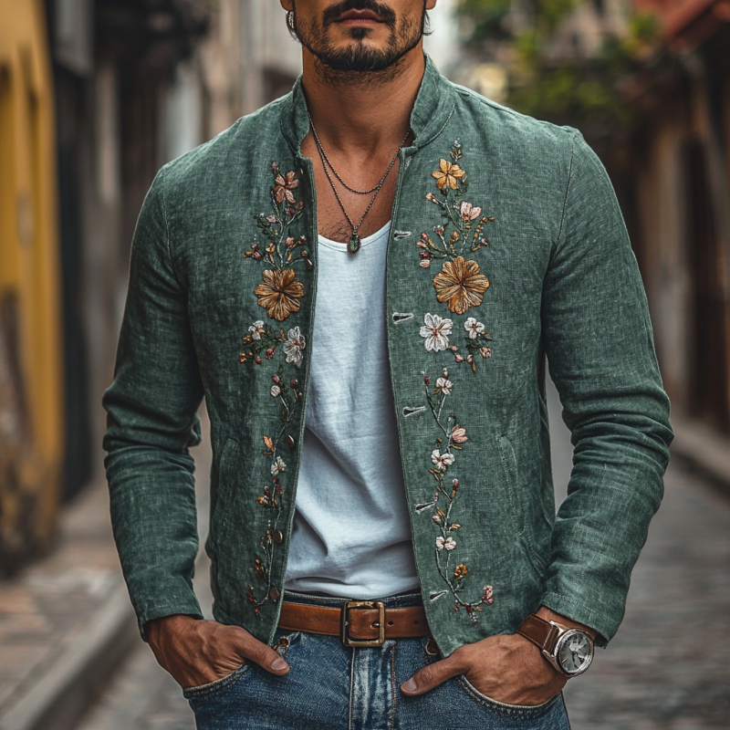 Men's Casual Linen Floral Embroidered Stand Collar Single Breasted Slim Fit Jacket 44567623M