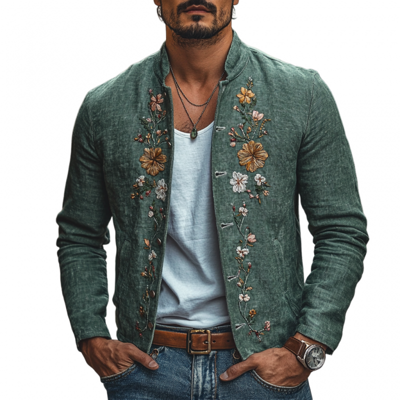 Men's Casual Linen Floral Embroidered Stand Collar Single Breasted Slim Fit Jacket 44567623M