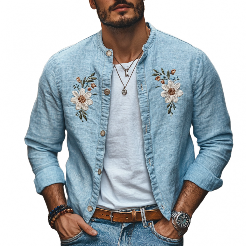 Men's Casual Linen Floral Embroidery Stand Collar Slim Fit Long Sleeve Shirt 97187416M