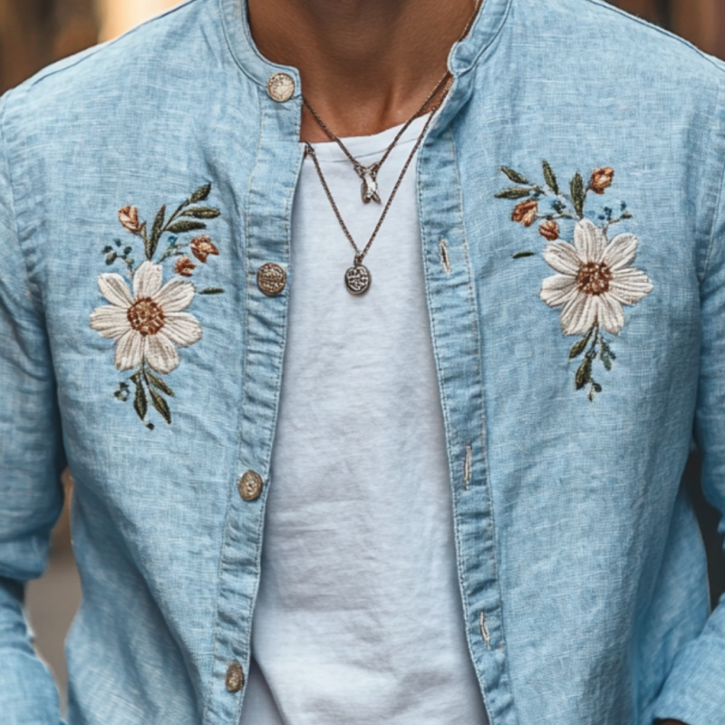 Men's Casual Linen Floral Embroidery Stand Collar Slim Fit Long Sleeve Shirt 97187416M