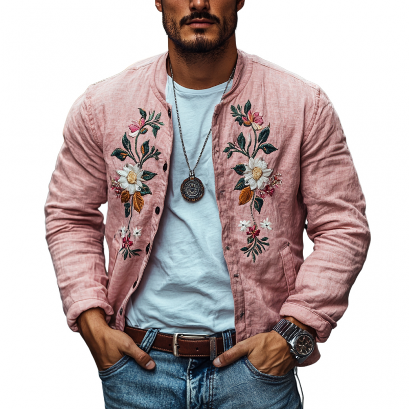 Men's Casual Linen Floral Embroidered Stand Collar Single Breasted Slim Fit Jacket 82573139M