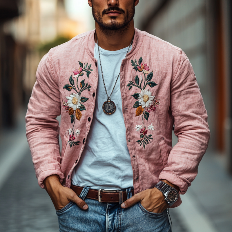 Men's Casual Linen Floral Embroidered Stand Collar Single Breasted Slim Fit Jacket 82573139M