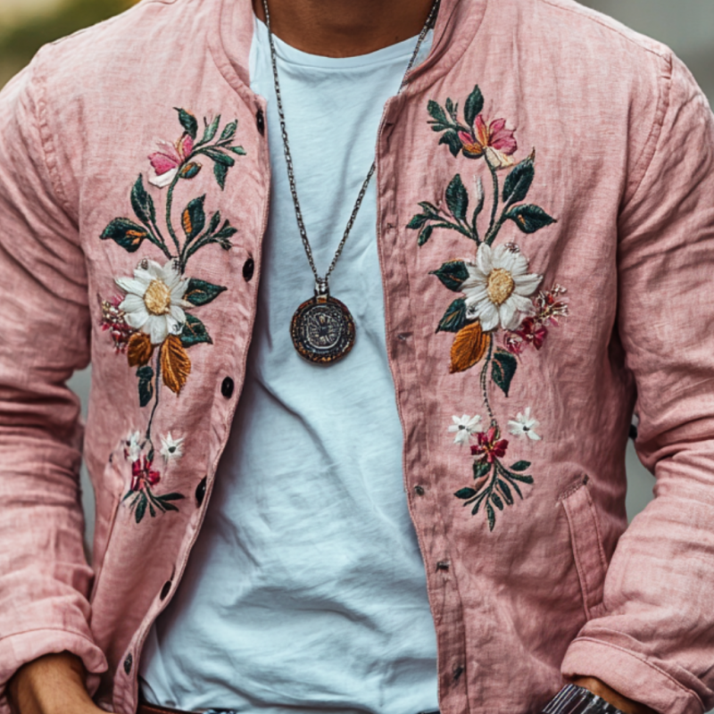 Men's Casual Linen Floral Embroidered Stand Collar Single Breasted Slim Fit Jacket 82573139M