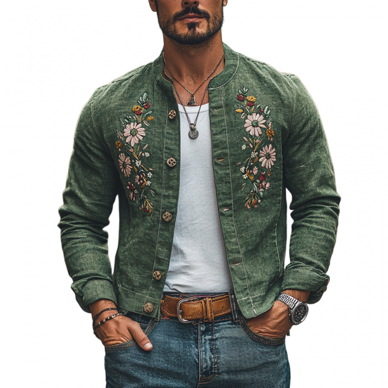 Men's Casual Linen Floral Embroidery Round Neck Single Breasted Slim Fit Jacket 19999837M