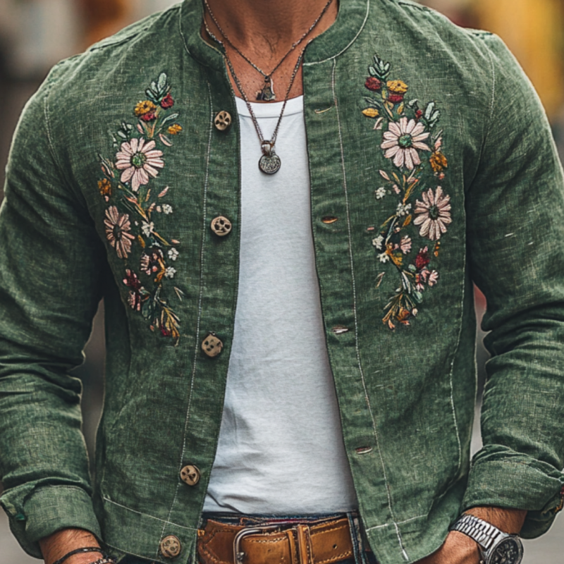 Men's Casual Linen Floral Embroidery Round Neck Single Breasted Slim Fit Jacket 19999837M