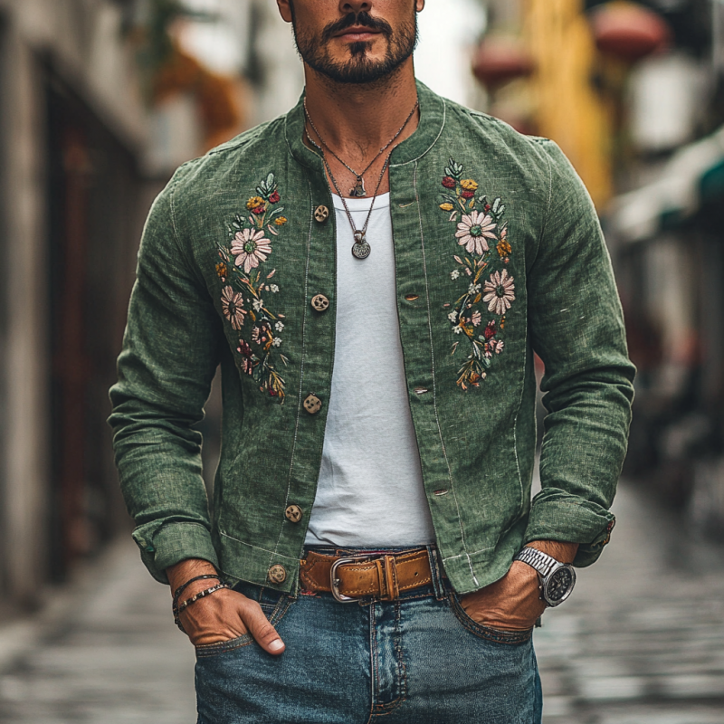 Men's Casual Linen Floral Embroidery Round Neck Single Breasted Slim Fit Jacket 19999837M