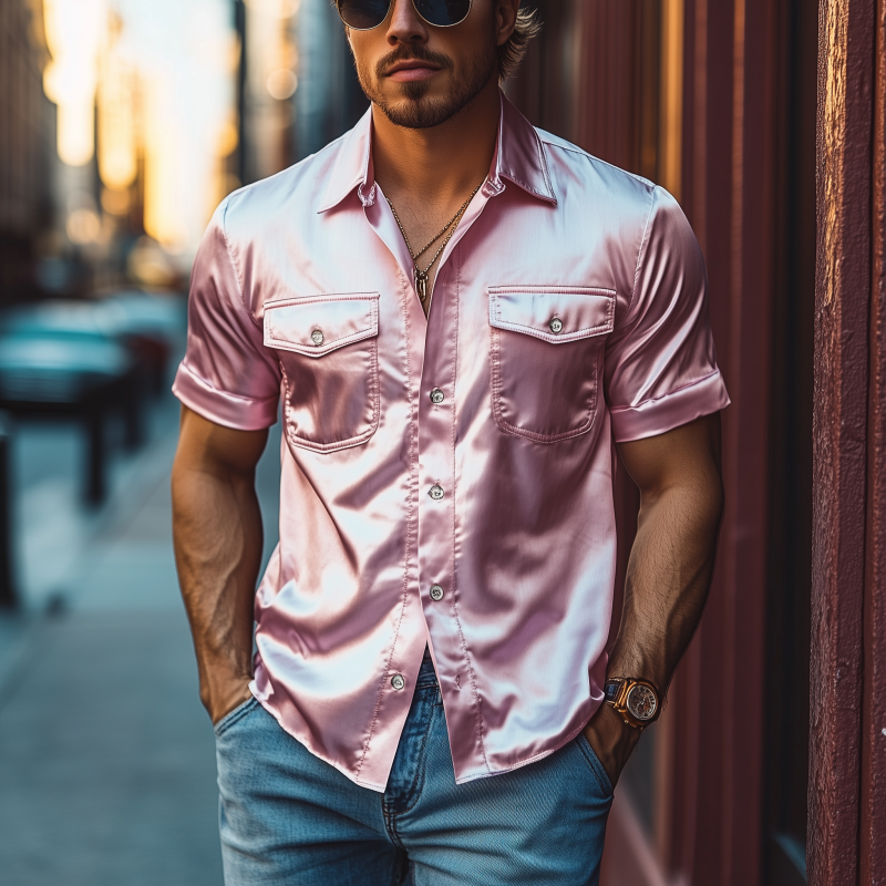 Men's Spring Fashion Casual Satin Shiny Fabric Short Sleeve Shirt 06753390K