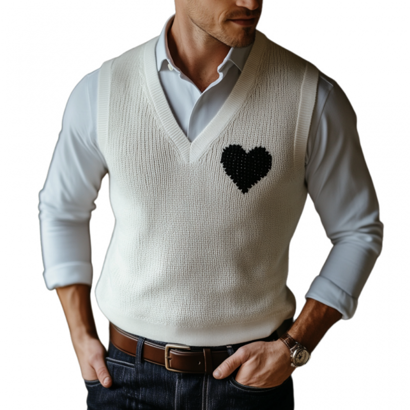 Men's Casual V-neck Heart Jacquard Slim Fit Knitted Vest 77162343M