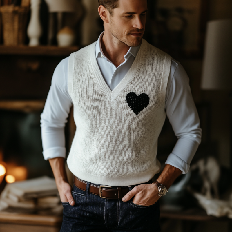 Men's Casual V-neck Heart Jacquard Slim Fit Knitted Vest 77162343M