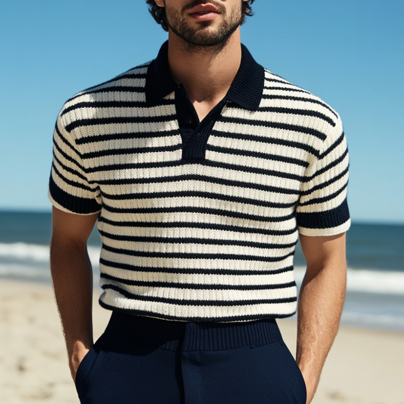 Men's Casual Lapel Striped Jacquard Slim Fit Knitted Short Sleeve Sweater T-Shirt 72554942M