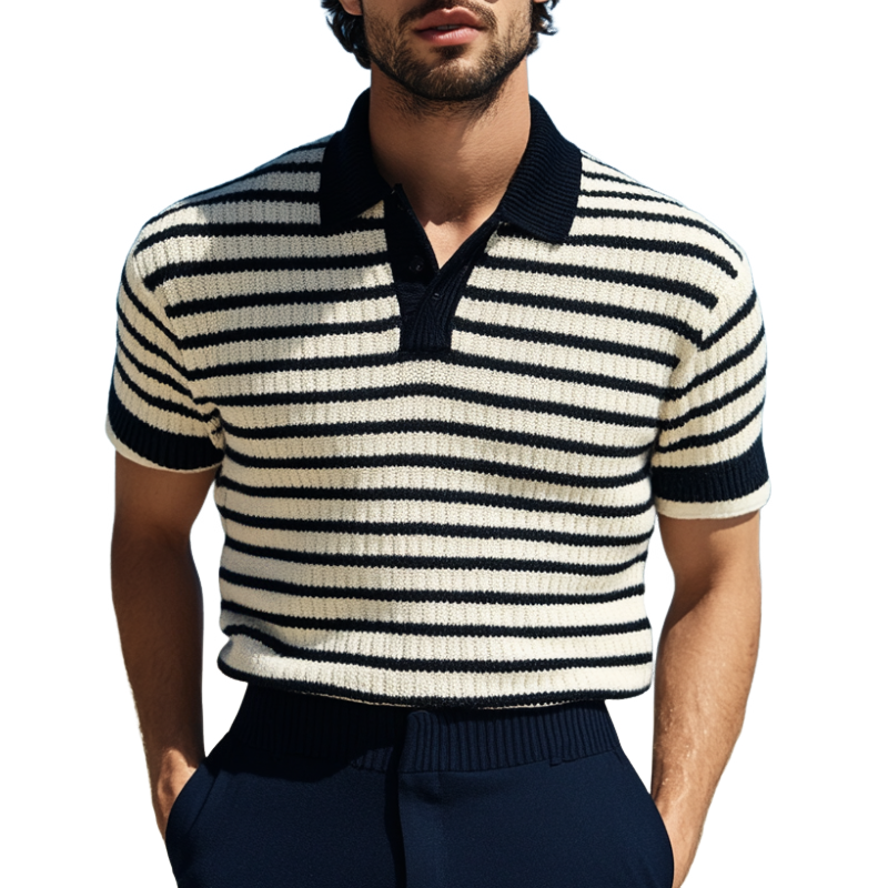 Men's Casual Lapel Striped Jacquard Slim Fit Knitted Short Sleeve Sweater T-Shirt 72554942M