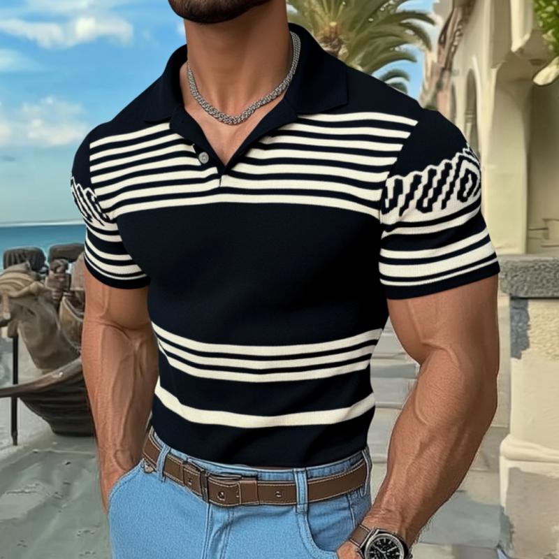 Men's Casual Lapel Striped Jacquard Slim Fit Knitted Short Sleeve Sweater T-Shirt 90237196M