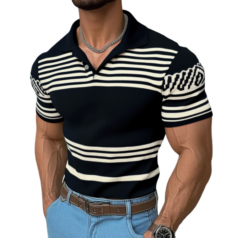 Men's Casual Lapel Striped Jacquard Slim Fit Knitted Short Sleeve Sweater T-Shirt 90237196M