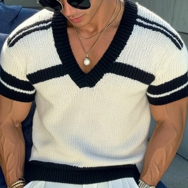 Men's Casual V-neck Striped Jacquard Slim Fit Knitted Short-sleeved Sweater 13072472M