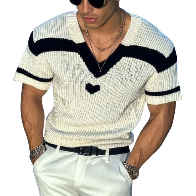 Men's Casual V-neck Jacquard Slim Fit Knitted Short-sleeved Sweater 90483931M