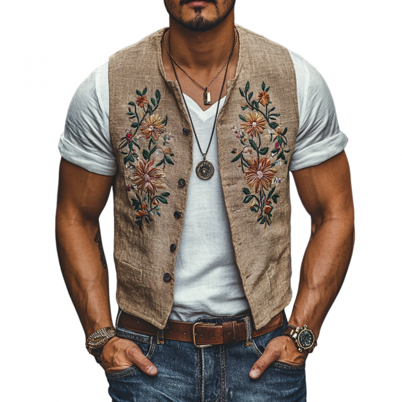 Men's Casual Linen Floral Embroidery Single Breasted Slim Fit Suit Vest 05625480M