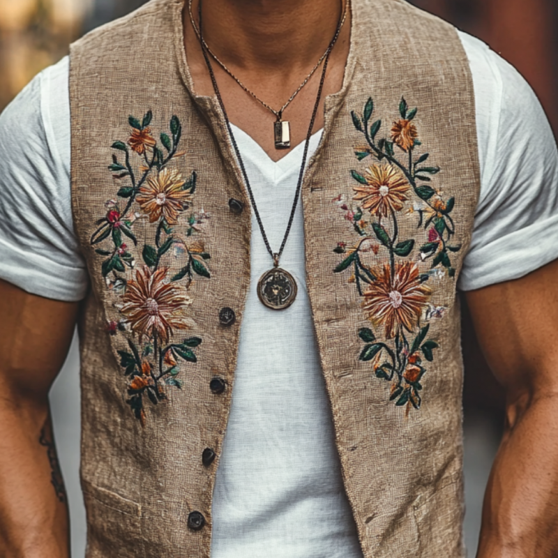 Men's Casual Linen Floral Embroidery Single Breasted Slim Fit Suit Vest 05625480M