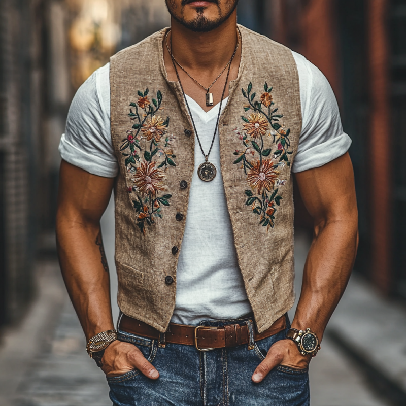 Men's Casual Linen Floral Embroidery Single Breasted Slim Fit Suit Vest 05625480M