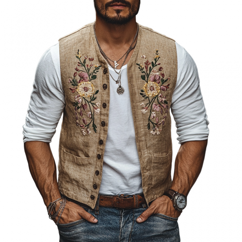 Men's Casual Linen Floral Embroidery Single Breasted Slim Fit Suit Vest 36985436M