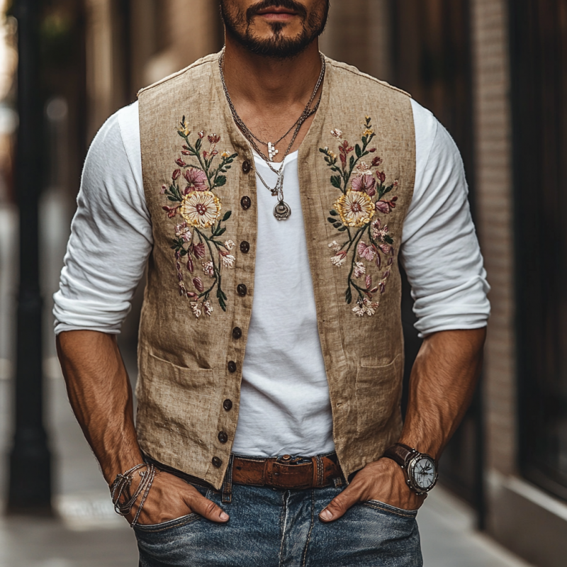 Men's Casual Linen Floral Embroidery Single Breasted Slim Fit Suit Vest 36985436M