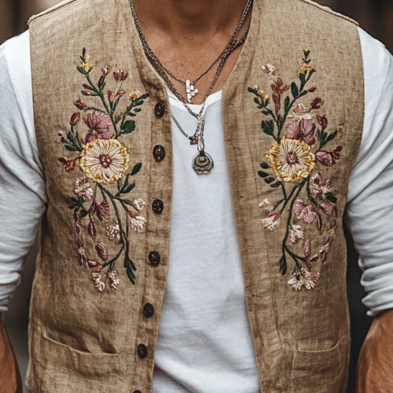 Men's Casual Linen Floral Embroidery Single Breasted Slim Fit Suit Vest 36985436M