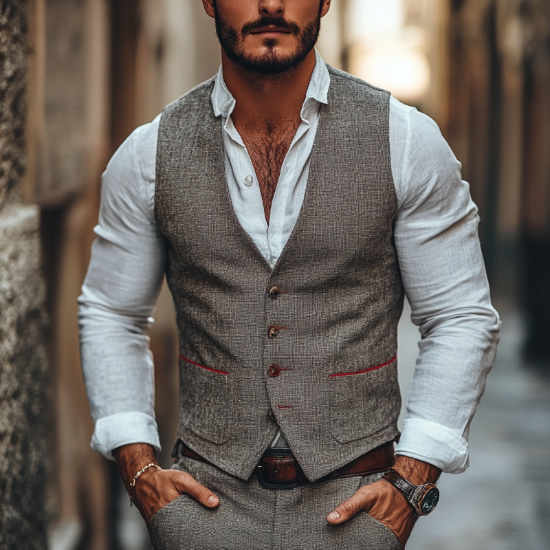 Men's Casual Linen V-neck Single Breasted Patch Pocket Slim Suit Vest 24581320M