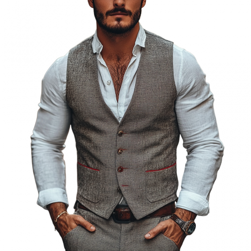 Men's Casual Linen V-neck Single Breasted Patch Pocket Slim Suit Vest 24581320M