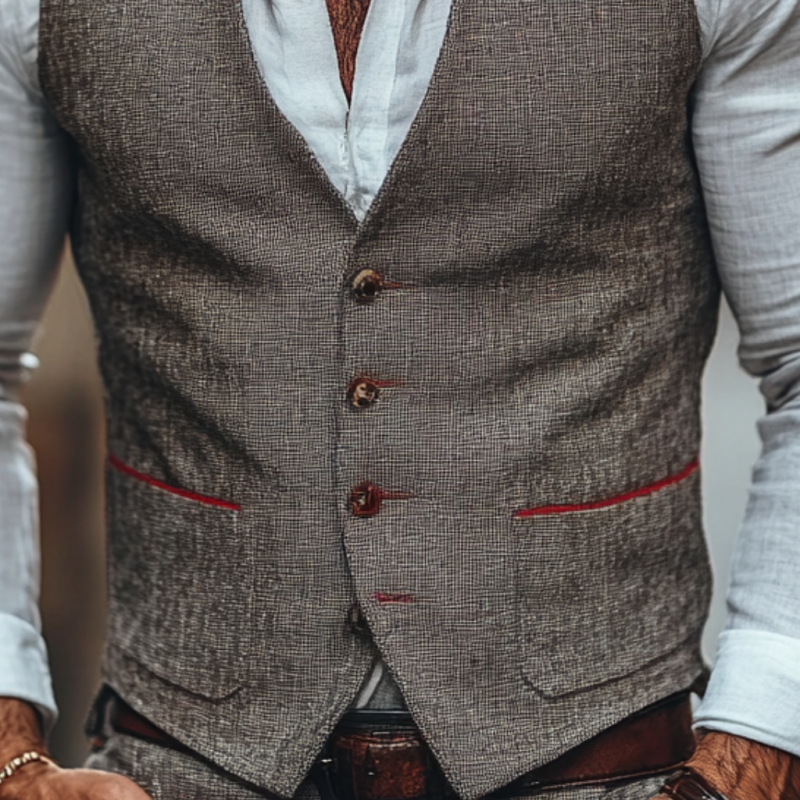 Men's Casual Linen V-neck Single Breasted Patch Pocket Slim Suit Vest 24581320M