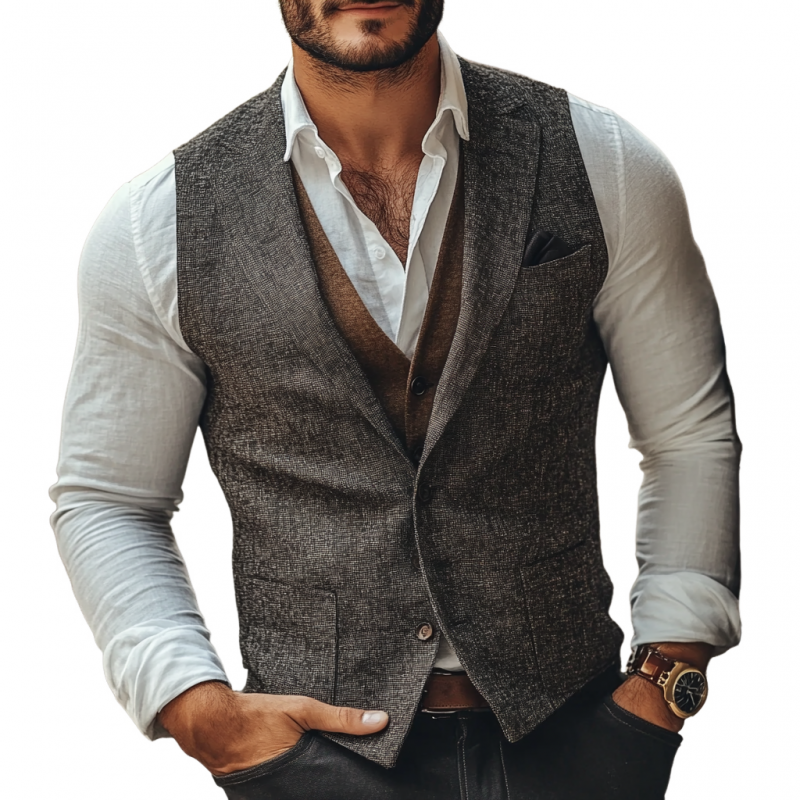 Men's Casual Linen Notch Lapel Single-breasted Multi-pocket Slim-fit Suit Vest 59768308M