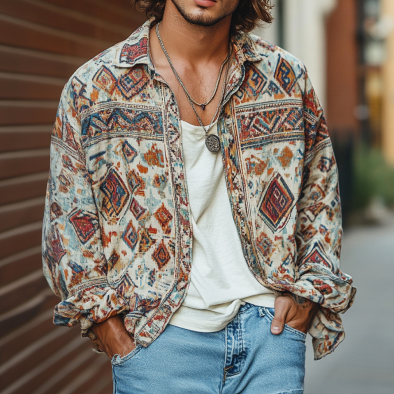 Men's Vintage Bohemian Print Lapel Loose Long Sleeve Shirt 22368405M