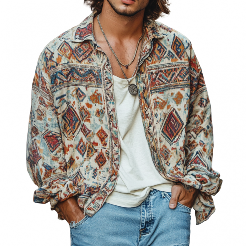 Men's Vintage Bohemian Print Lapel Loose Long Sleeve Shirt 22368405M