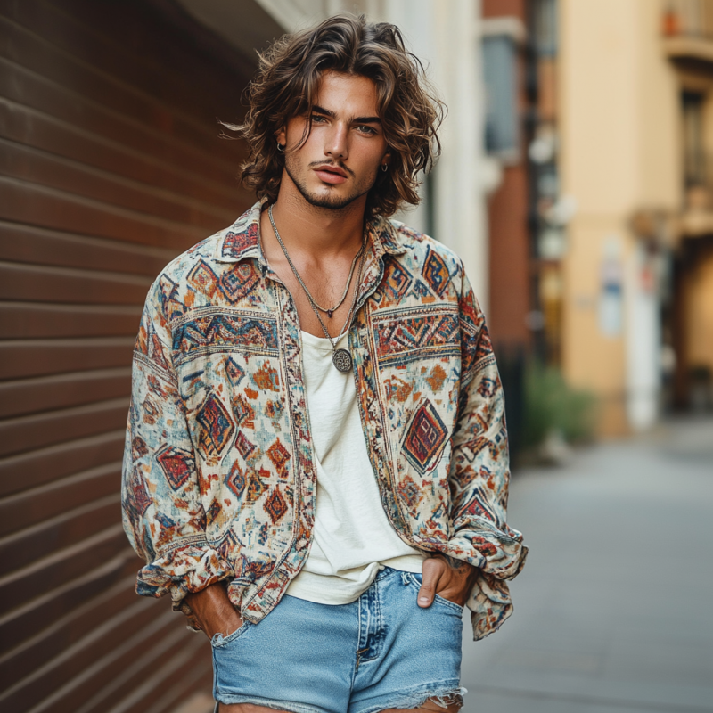 Men's Vintage Bohemian Print Lapel Loose Long Sleeve Shirt 22368405M