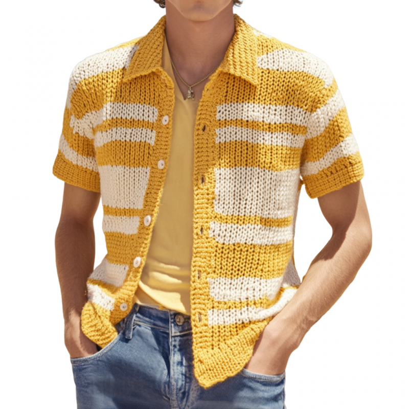 Men's Casual Contrast Striped Lapel Single-breasted Knitted Short-sleeved Cardigan 43823372M