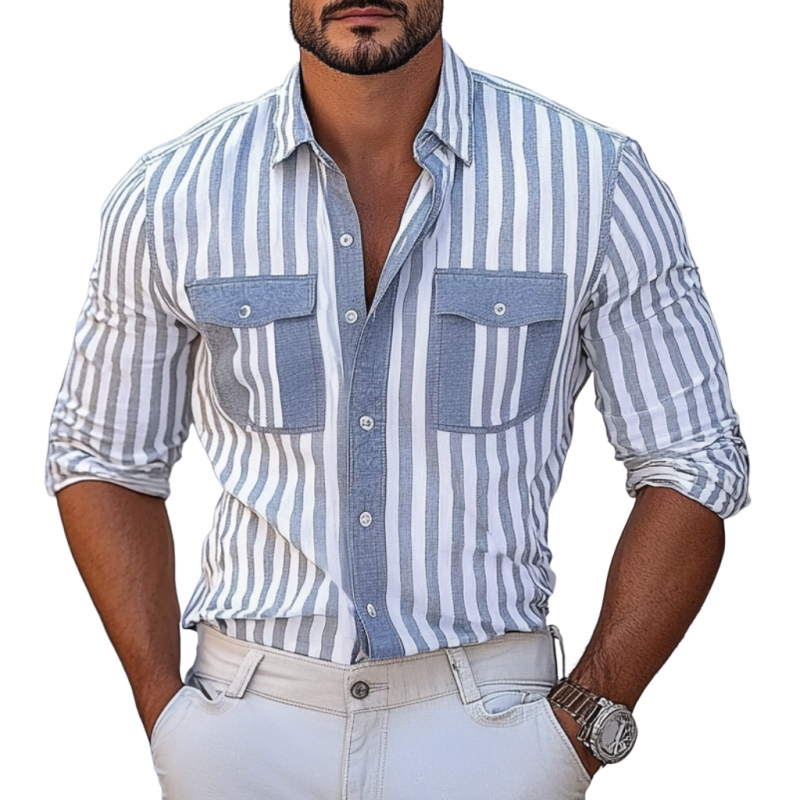 Men's Casual Stripe Print Lapel Chest Pocket Slim Fit Long Sleeve Shirt 06771135M