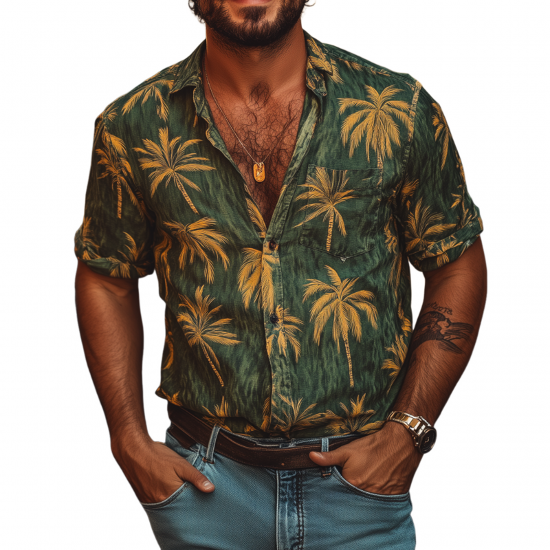 Men's Casual Palm Tree Print Lapel Loose Short Sleeve Shirt 44206763M