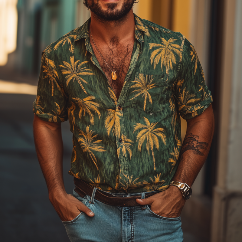 Men's Casual Palm Tree Print Lapel Loose Short Sleeve Shirt 44206763M