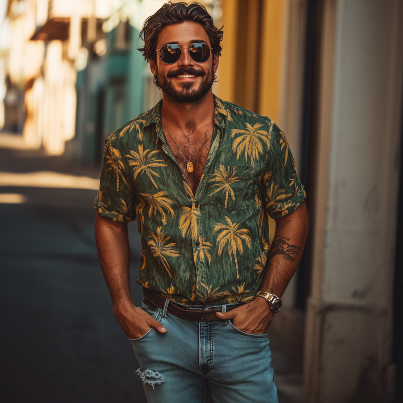 Men's Casual Palm Tree Print Lapel Loose Short Sleeve Shirt 44206763M