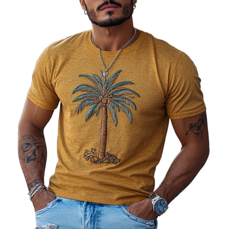 Men's Casual Cotton Coconut Tree Embroidery Round Neck Slim Fit Short Sleeve T-Shirt 69824391M