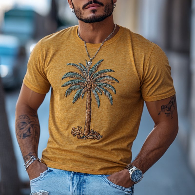 Men's Casual Cotton Coconut Tree Embroidery Round Neck Slim Fit Short Sleeve T-Shirt 69824391M