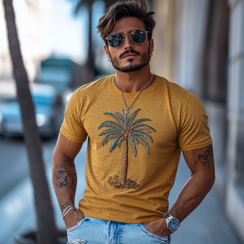 Men's Casual Cotton Coconut Tree Embroidery Round Neck Slim Fit Short Sleeve T-Shirt 69824391M