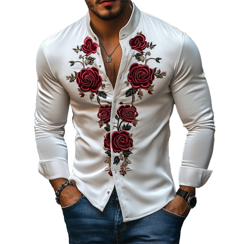 Men's Fashion Casual Retro Satin Rose Embroidery Stand Collar Long Sleeve Shirt 48746837K