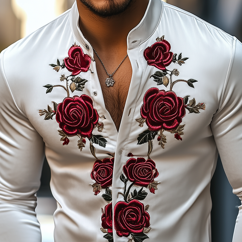 Men's Fashion Casual Retro Satin Rose Embroidery Stand Collar Long Sleeve Shirt 48746837K