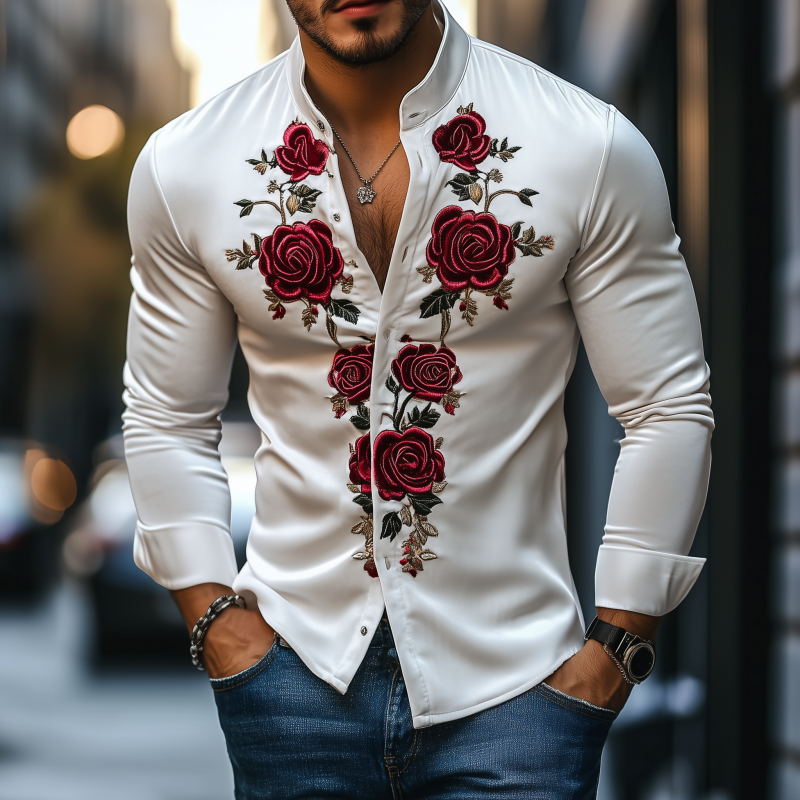 Men's Fashion Casual Retro Satin Rose Embroidery Stand Collar Long Sleeve Shirt 48746837K