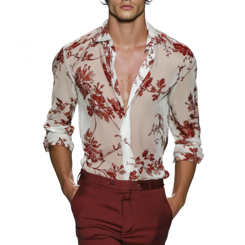 Men's Casual Chiffon Floral Print Loose Long Sleeve Shirt 21001336M