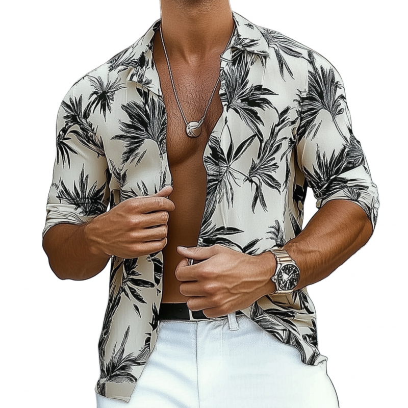 Men's Casual Printed Lapel Loose Long-sleeved Shirt 81480284M