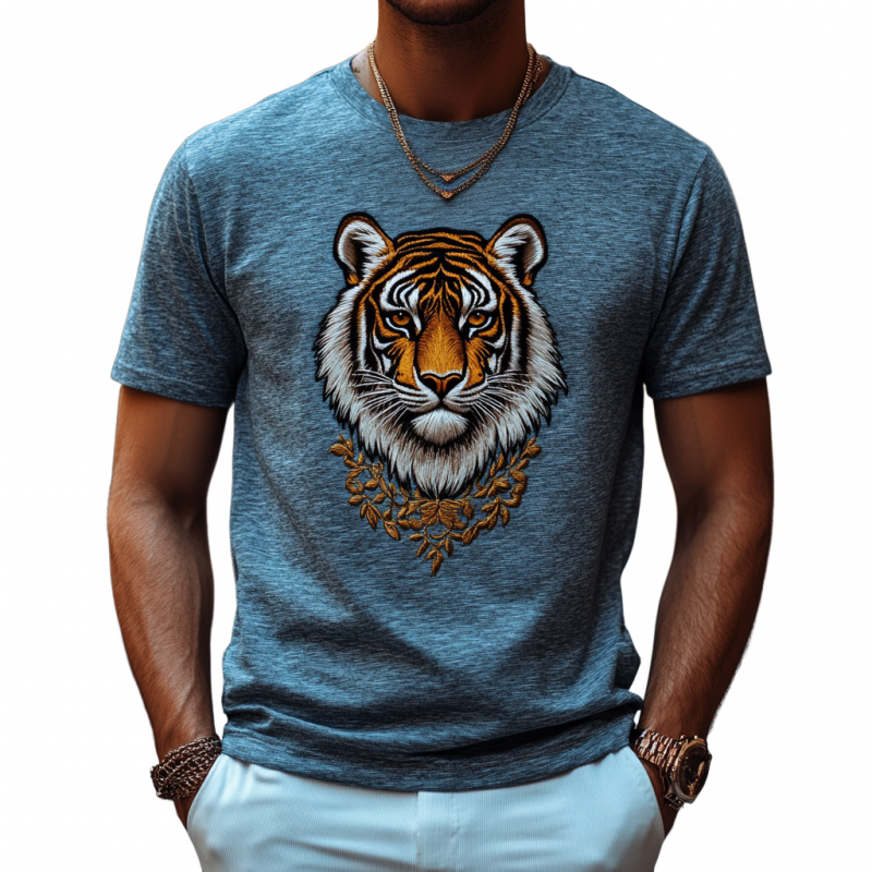 Men's Casual Cotton Tiger Embroidery Round Neck Loose Short Sleeve T-Shirt 28389547M