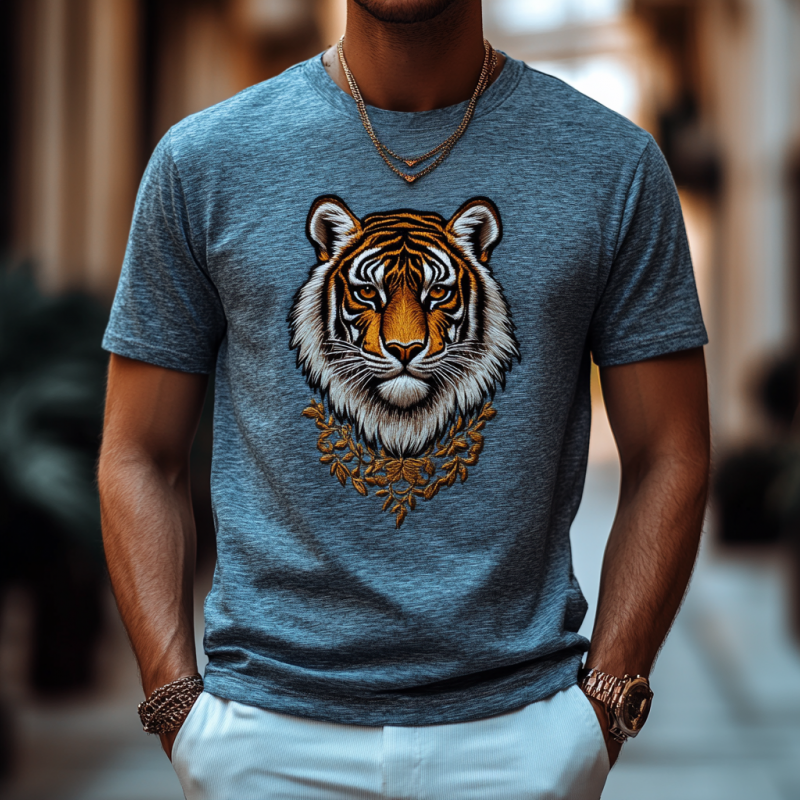 Men's Casual Cotton Tiger Embroidery Round Neck Loose Short Sleeve T-Shirt 28389547M