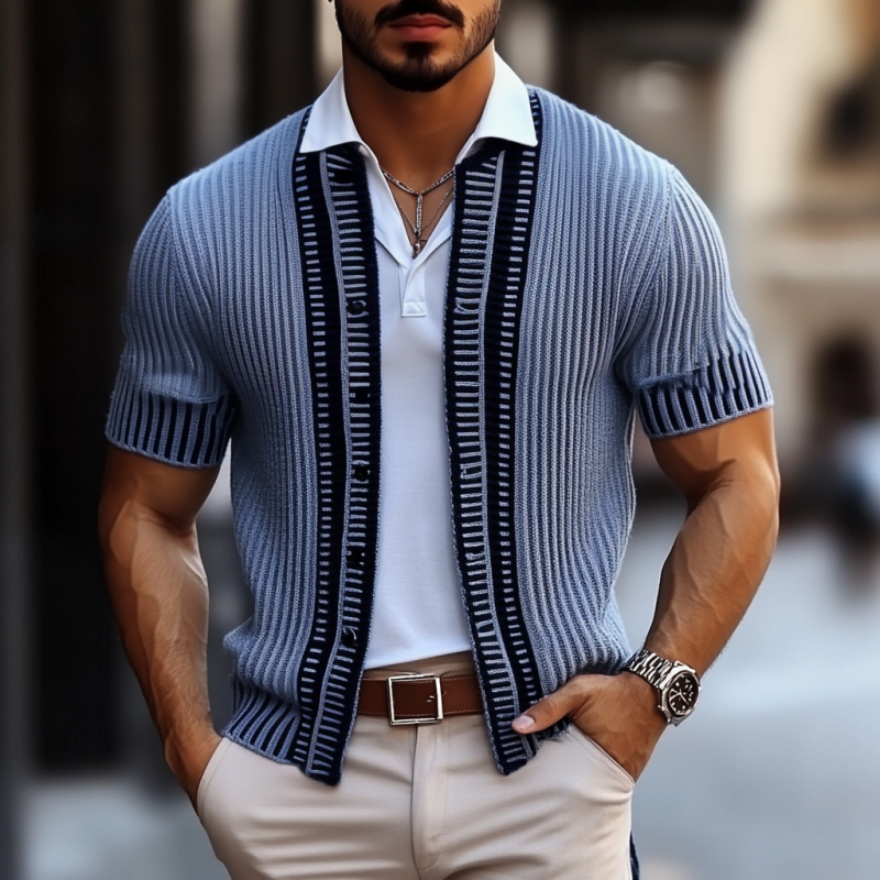 Men's Casual Contrast Color Single Breasted Slim Fit Knitted Short Sleeve Cardigan MTA1780C6M